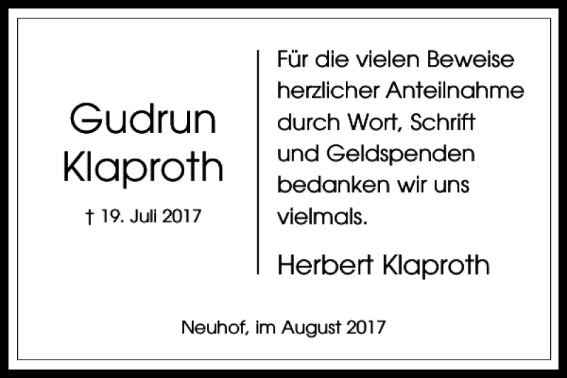  Traueranzeige für Gudrun Klaproth vom 19.08.2017 aus Harz Kurier