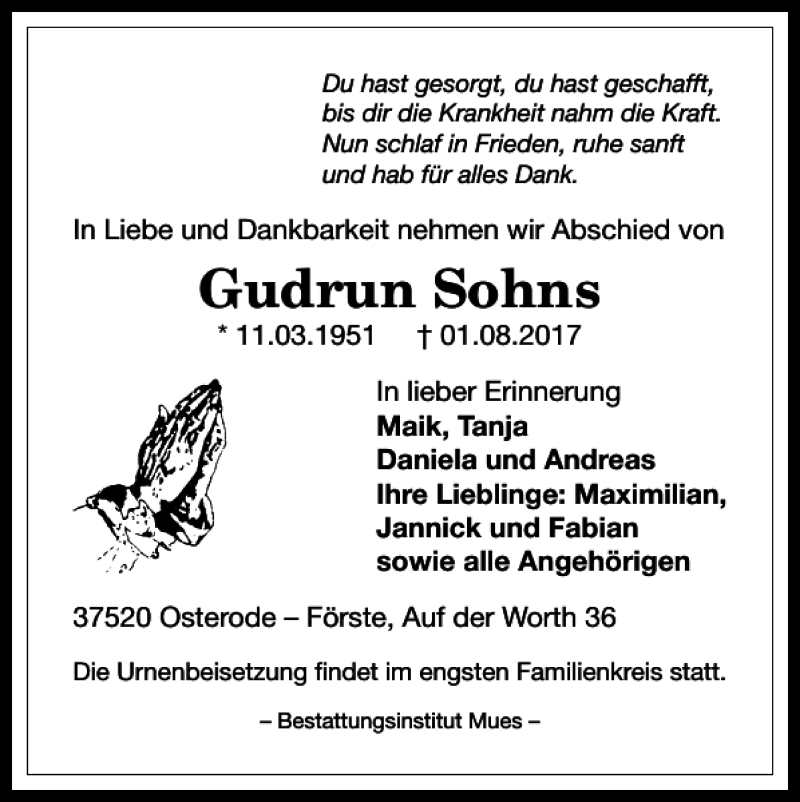  Traueranzeige für Gudrun Sohns vom 05.08.2017 aus Harz Kurier