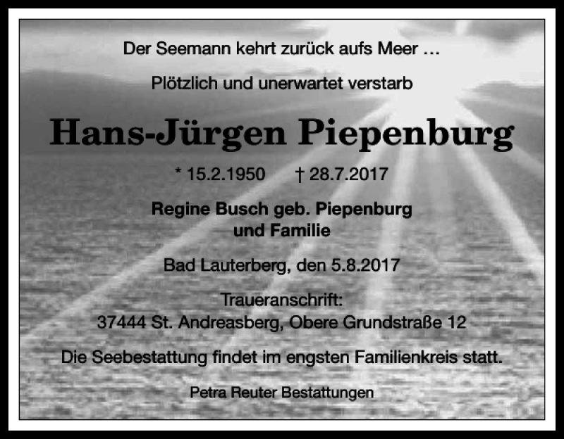  Traueranzeige für Hans-Jürgen Piepenburg vom 05.08.2017 aus Harz Kurier