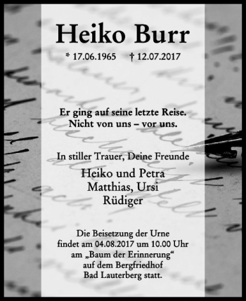 Traueranzeige von Heiko Burr von Harz Kurier