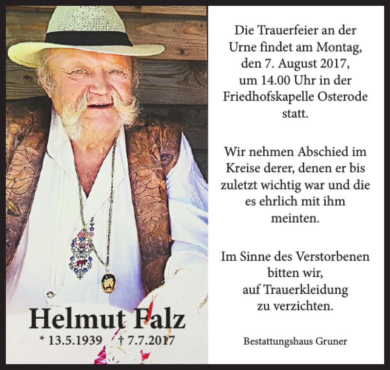  Traueranzeige für Helmut Falz vom 03.08.2017 aus Harz Kurier