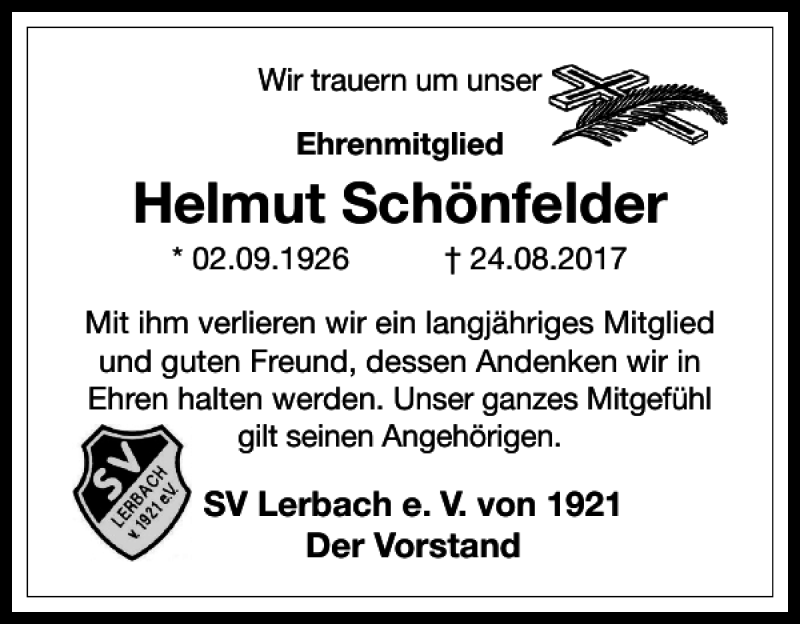  Traueranzeige für Helmut Schönfelder vom 31.08.2017 aus Harz Kurier