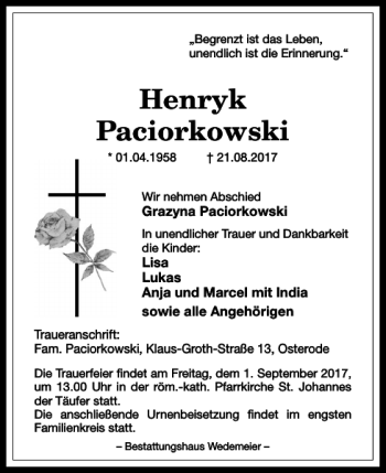 Traueranzeige von Henryk Paciorkowski von Harz Kurier