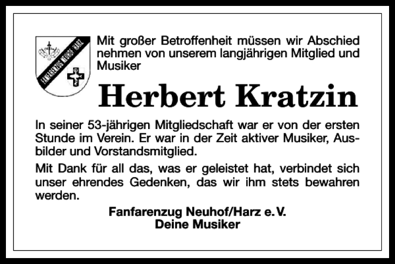  Traueranzeige für Herbert Kratzin vom 02.08.2017 aus Harz Kurier