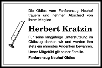 Traueranzeige von Herbert Kratzin von Harz Kurier