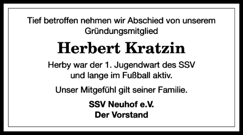  Traueranzeige für Herbert Kratzin vom 02.08.2017 aus Harz Kurier