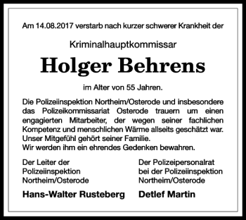 Traueranzeige von Holger Behrens von Harz Kurier