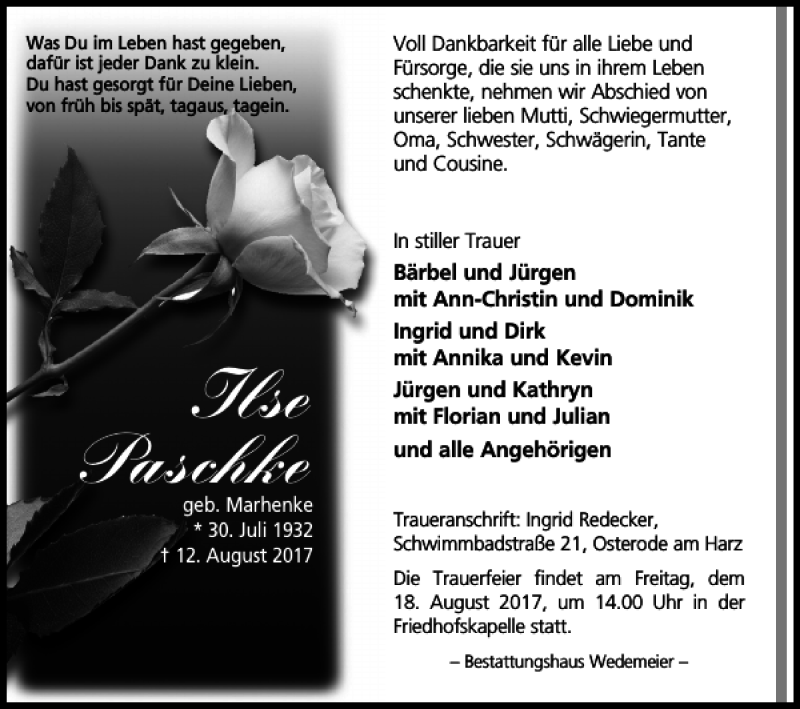  Traueranzeige für Ilse Paschke vom 16.08.2017 aus Harz Kurier