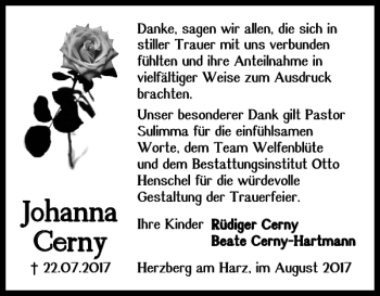 Traueranzeige von Johanna Cerny von Harz Kurier