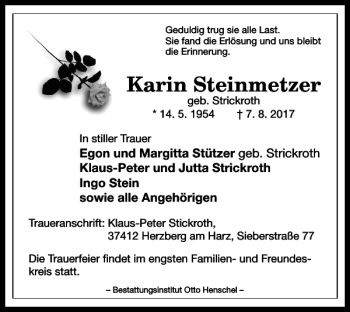 Traueranzeige von Karin Steinmetzer von Harz Kurier