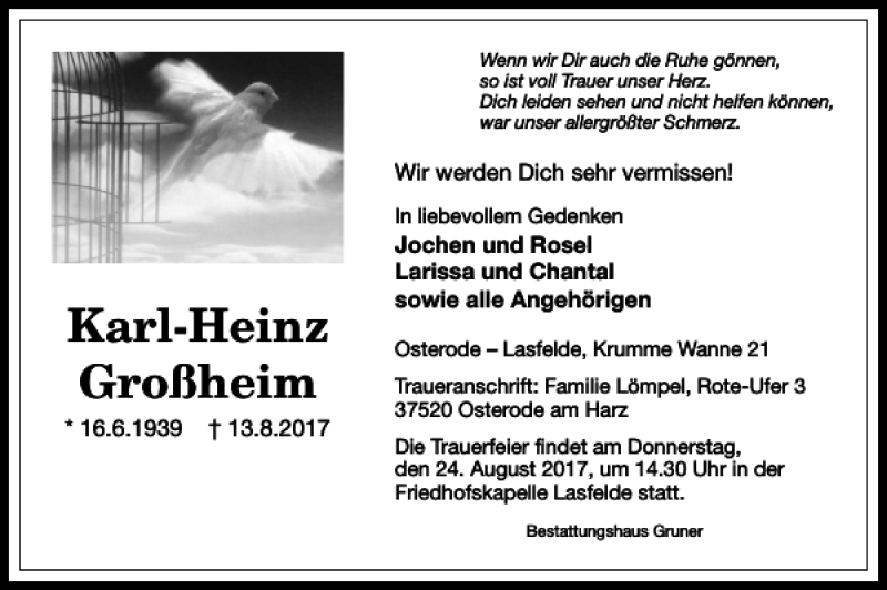  Traueranzeige für Karl-Heinz Großheim vom 19.08.2017 aus Harz Kurier
