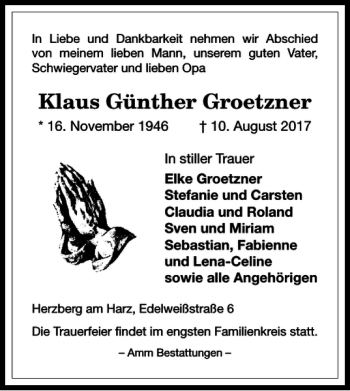 Traueranzeige von Klaus Günther Groetzner von Harz Kurier