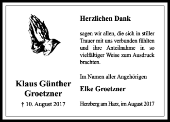 Traueranzeige von Klaus Günther Groetzner von Harz Kurier