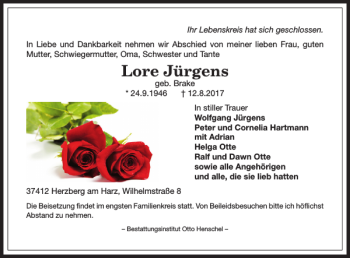 Traueranzeige von Lore Jürgens von Harz Kurier