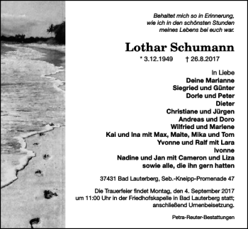 Traueranzeige von Lothar Schumann von Harz Kurier