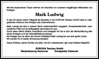 Traueranzeige von Maik Ludwig von Harz Kurier