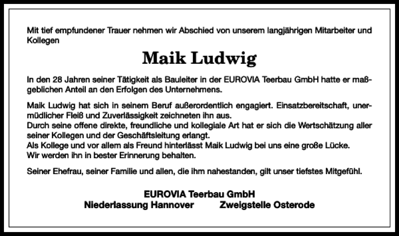  Traueranzeige für Maik Ludwig vom 19.08.2017 aus Harz Kurier
