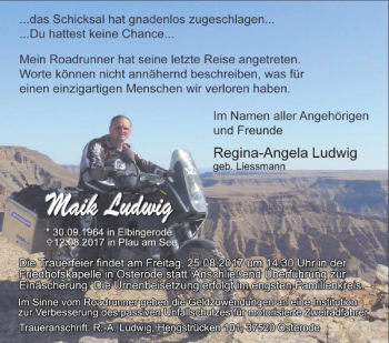 Traueranzeige von Maik Ludwig von Harz Kurier