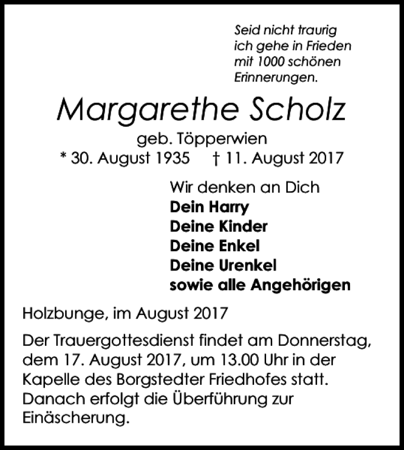  Traueranzeige für Margarethe Scholz vom 15.08.2017 aus Harz Kurier