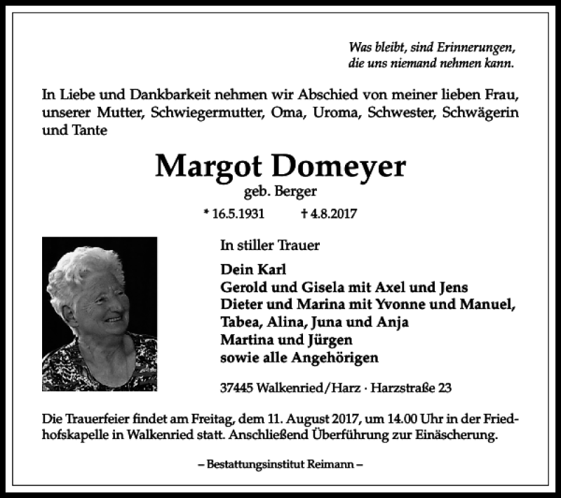  Traueranzeige für Margot Domeyer vom 08.08.2017 aus Harz Kurier