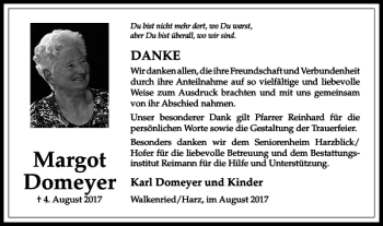 Traueranzeige von Margot Domeyer von Harz Kurier