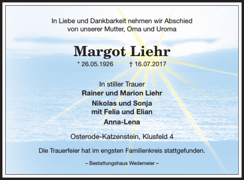 Traueranzeige für Margot Liehr vom 05.08.2017 aus Harz Kurier