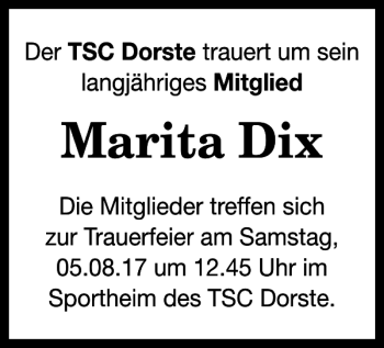 Traueranzeige von Marita Dix von Harz Kurier