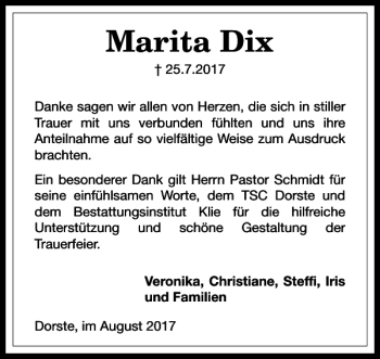 Traueranzeige von Marita Dix von Harz Kurier