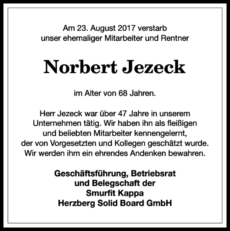  Traueranzeige für Norbert Jezeck vom 29.08.2017 aus Harz Kurier