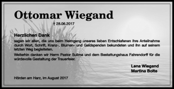Traueranzeige von Ottomar Wiegand von Harz Kurier