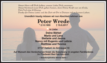 Traueranzeige von Peter Wrede von Harz Kurier