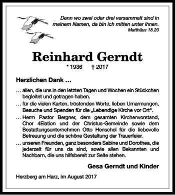 Traueranzeige von Reinhard Gerndt von Harz Kurier