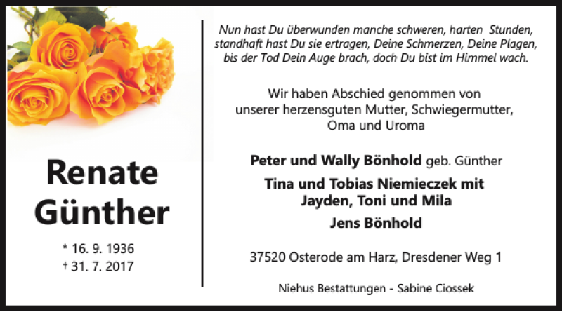  Traueranzeige für Renate Günther vom 18.08.2017 aus Harz Kurier