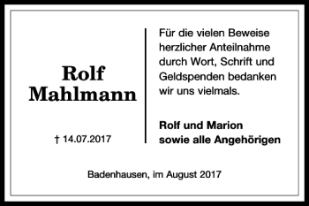 Traueranzeige von Rolf Mahlmann von Harz Kurier