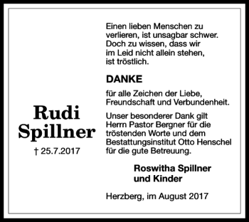 Traueranzeige von Rudi Spillner von Harz Kurier
