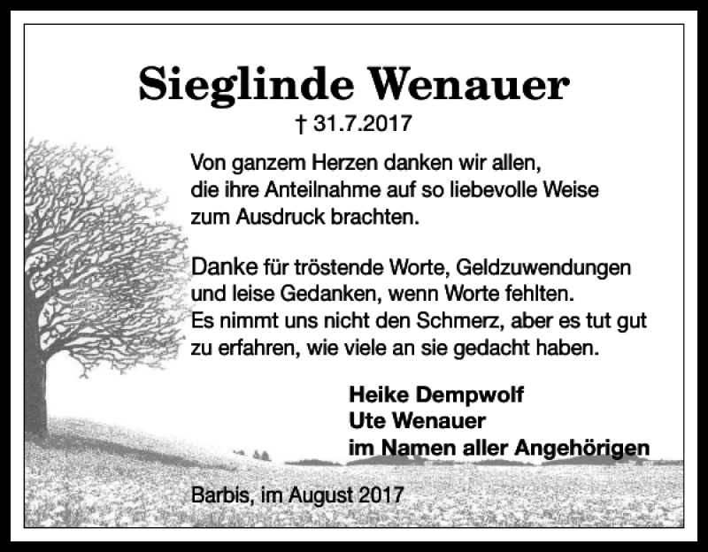  Traueranzeige für Sieglinde Wenauer vom 19.08.2017 aus Harz Kurier