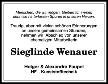 Traueranzeige von Sieglinde Wenauer von Harz Kurier