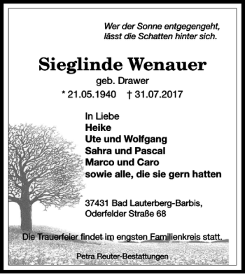 Traueranzeige von Sieglinde Wenauer von Harz Kurier