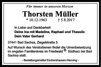 Traueranzeige von Thorsten Müller von Harz Kurier