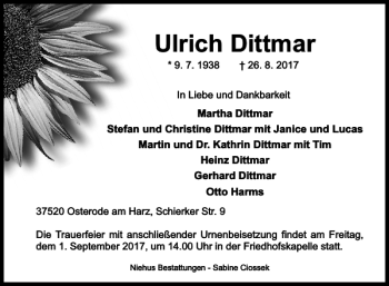 Traueranzeige von Ulrich Dittmar von Harz Kurier