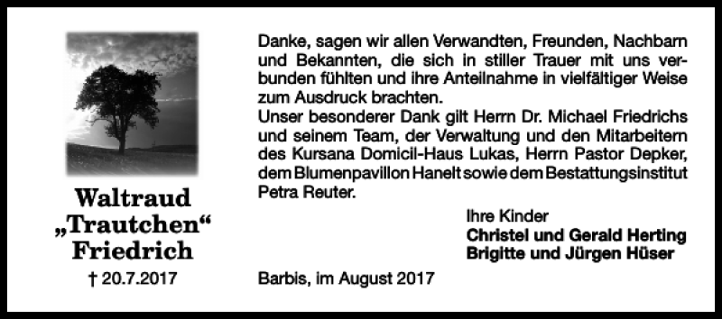  Traueranzeige für Waltraud Trautchen Friedrich vom 11.08.2017 aus Harz Kurier