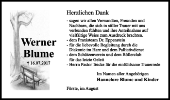 Traueranzeige von Werner Blume von Harz Kurier