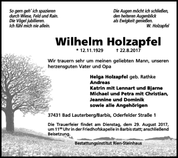 Traueranzeige von Wilhelm Holzapfel von Harz Kurier
