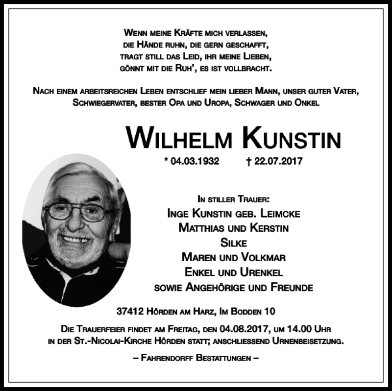 Traueranzeige für Wilhelm Kunstin vom 01.08.2017 aus Harz Kurier