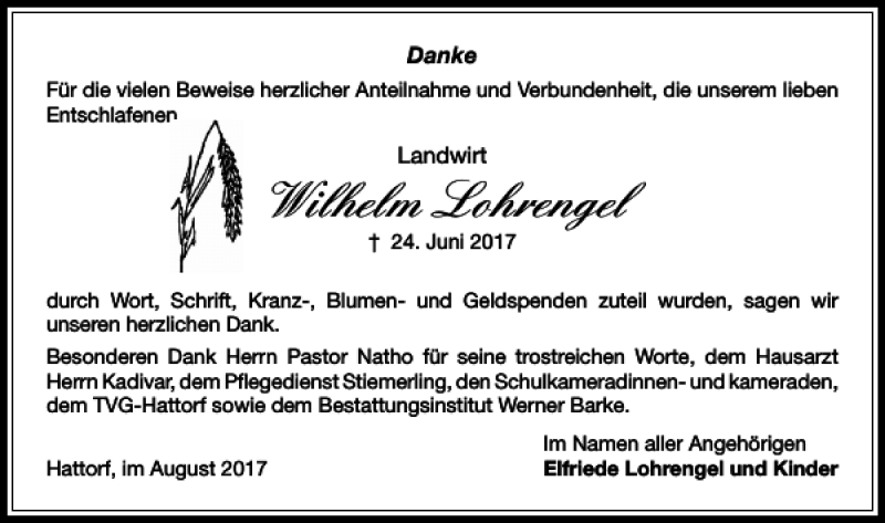  Traueranzeige für Wilhelm Lohrengel vom 04.08.2017 aus Harz Kurier