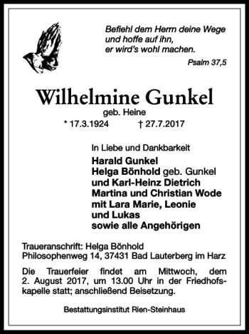 Traueranzeige von Wilhelmine Gunkel von Harz Kurier
