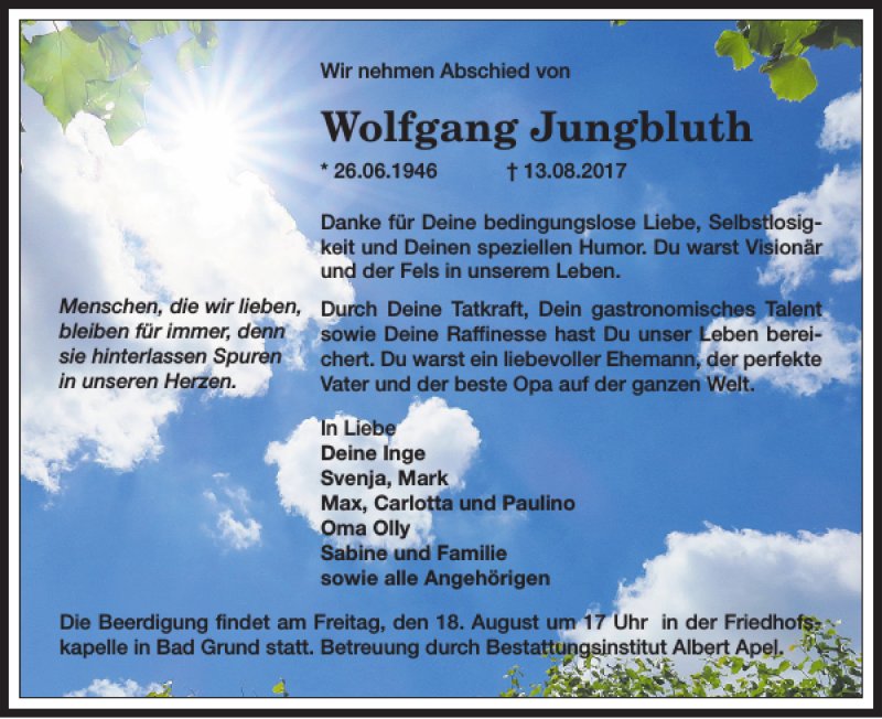  Traueranzeige für Wolfgang Jungbluth vom 17.08.2017 aus Harz Kurier