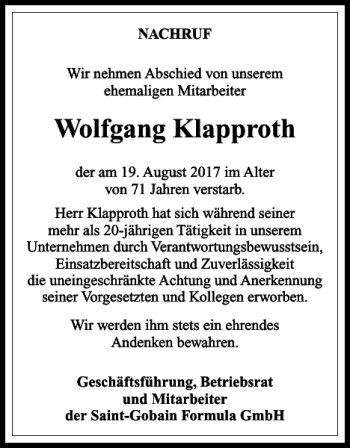 Traueranzeige von Wolfgang Klapproth von Harz Kurier