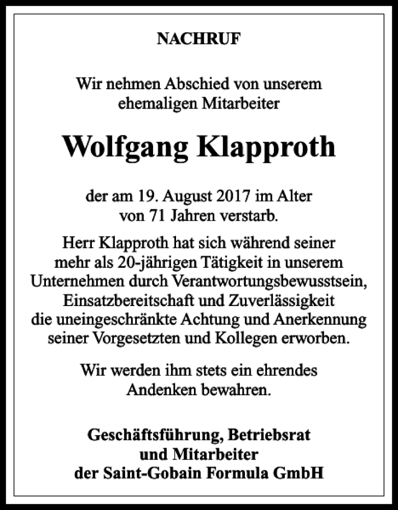  Traueranzeige für Wolfgang Klapproth vom 26.08.2017 aus Harz Kurier