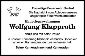 Traueranzeige von Wolfgang Klapproth von Harz Kurier